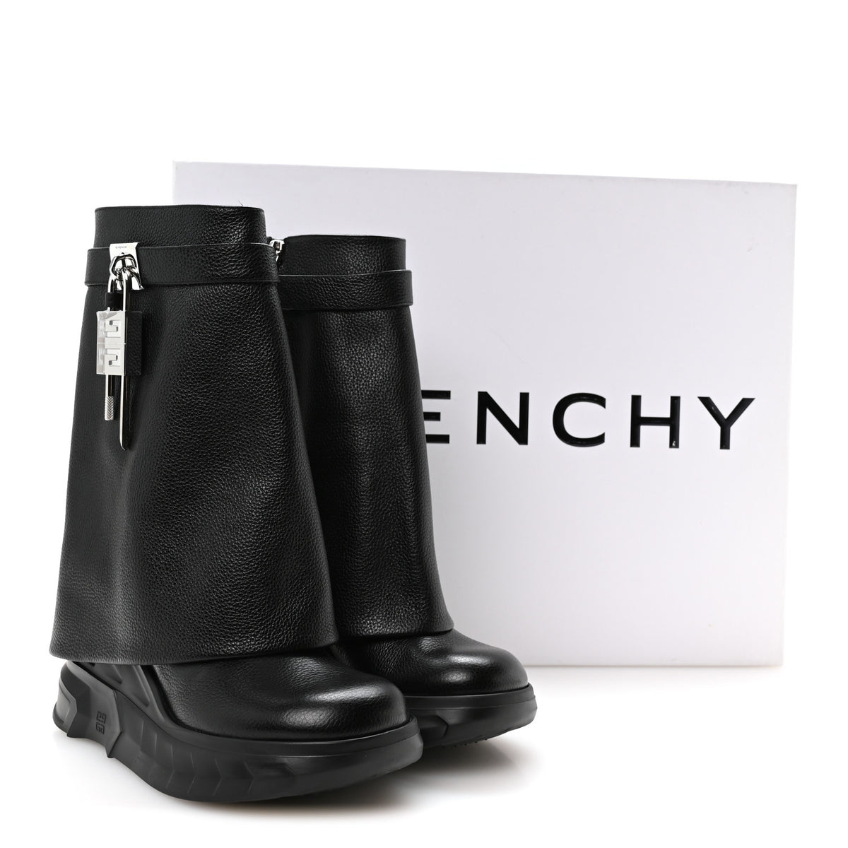 Grained Calfskin Shark Lock Biker Ankle Boots 36 Black