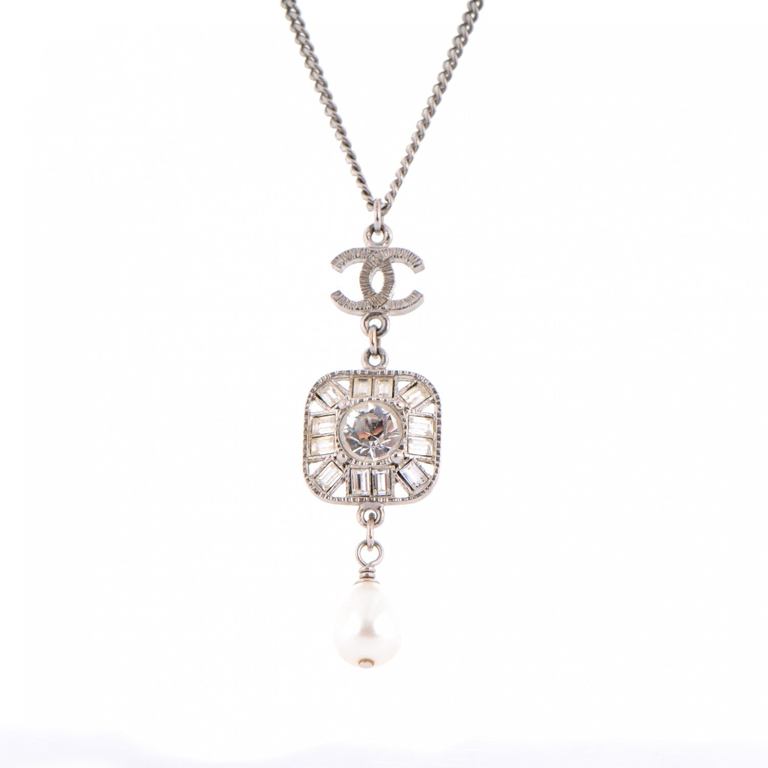 Chanel Crystal Baguette Pearl CC Necklace Silver 3 of 6