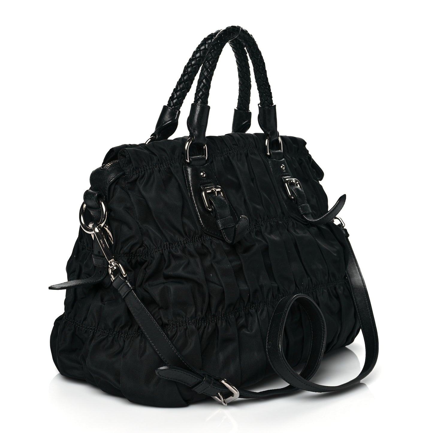 Tessuto Nylon Nappa Braided Gaufre Shopping Satchel Black