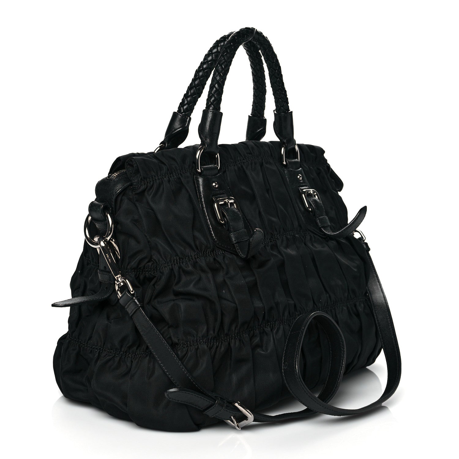 Prada Tessuto Nylon Nappa Braided Gaufre Shopping Satchel Black 2 of 9