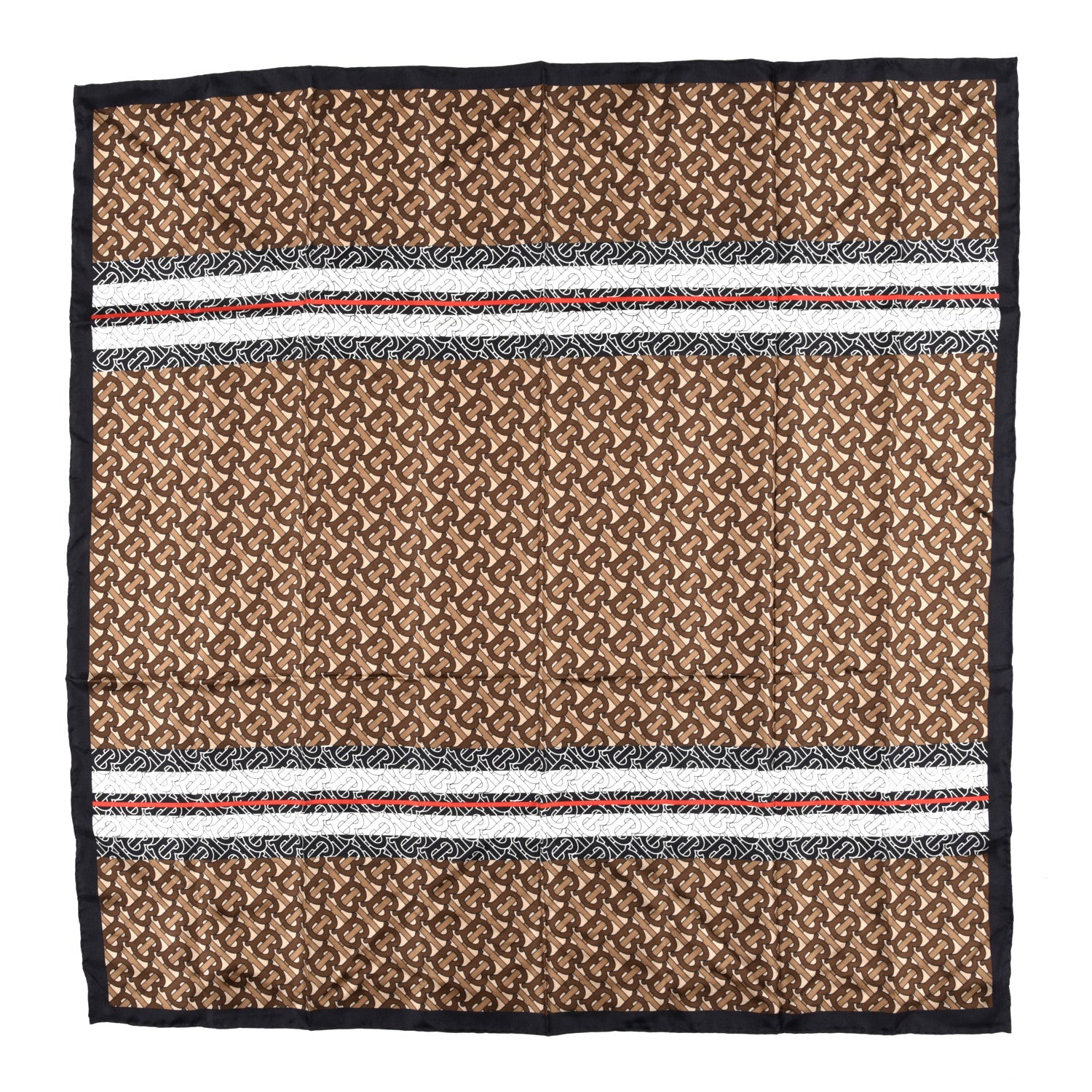 Burberry Silk Icon Stripe Monogrammed TB Print Square Scarf Bridle Brown 1 of 4