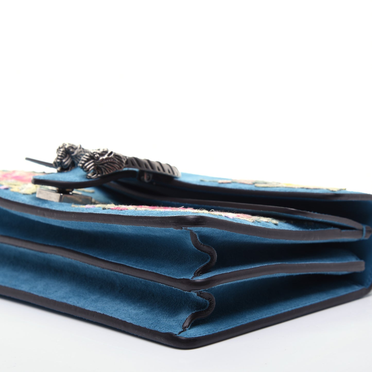 Suede Floral Embroidered Small Dionysus Shoulder Bag Blue