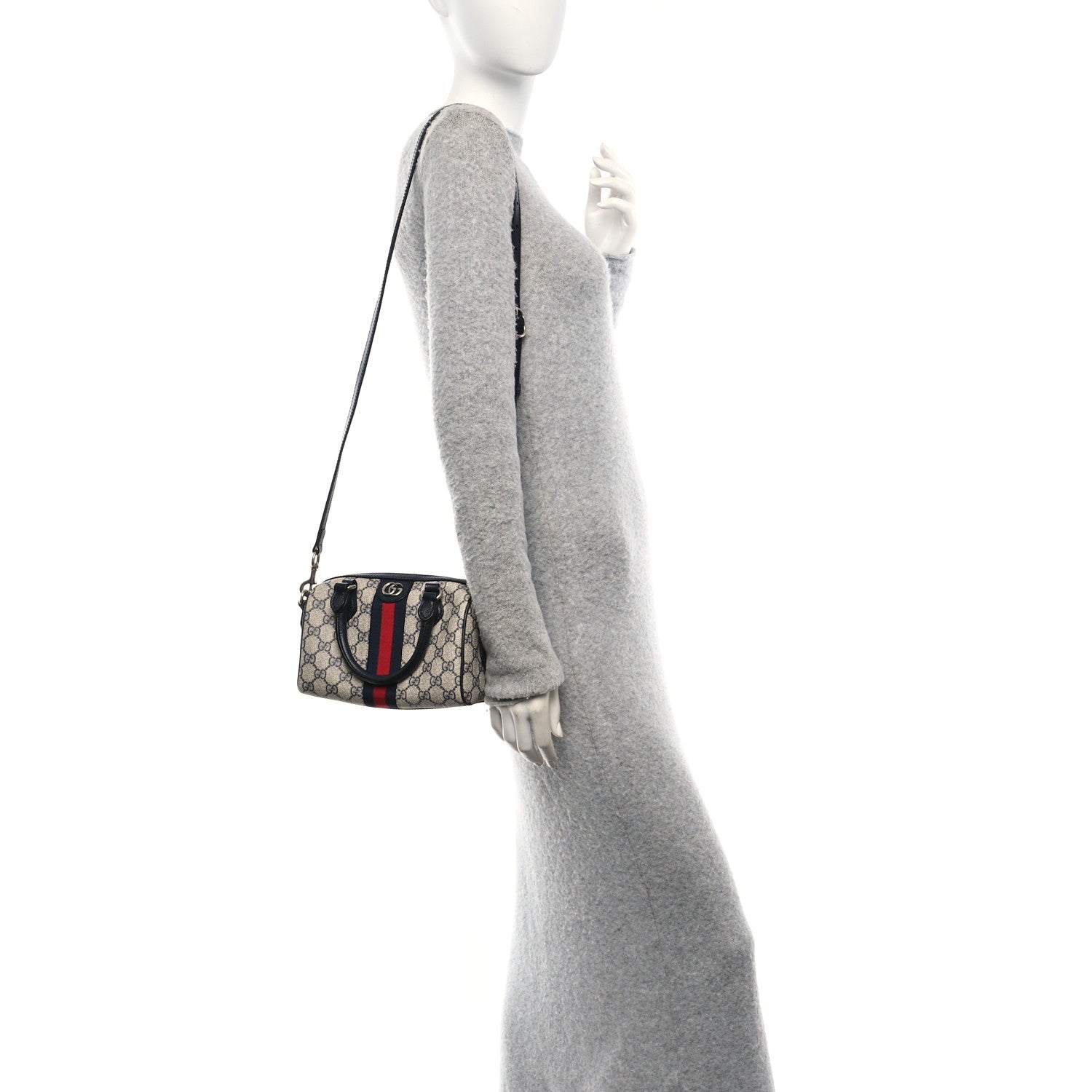 Gucci GG Supreme Monogram Textured Dollar Calfskin Web Mini Ophidia Top Handle Bag Beige Blue 2 of 11