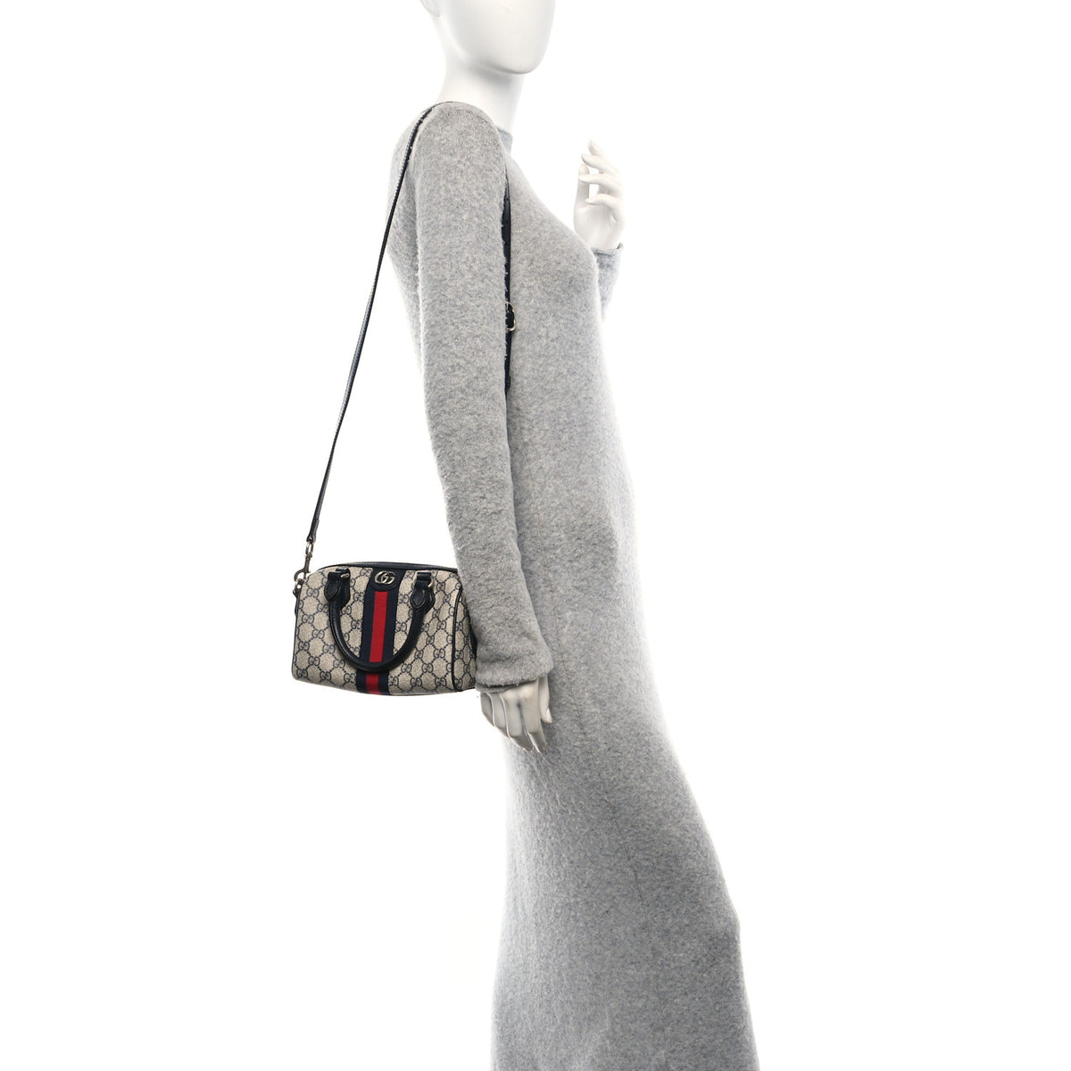 GG Supreme Monogram Textured Dollar Calfskin Web Mini Ophidia Top Handle Bag Beige Blue