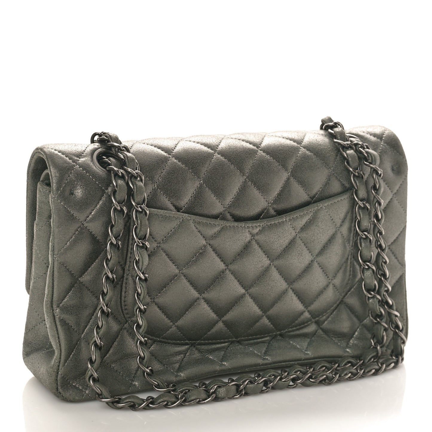 Iridescent Lambskin Quilted Medium Double Flap Charcoal Grey