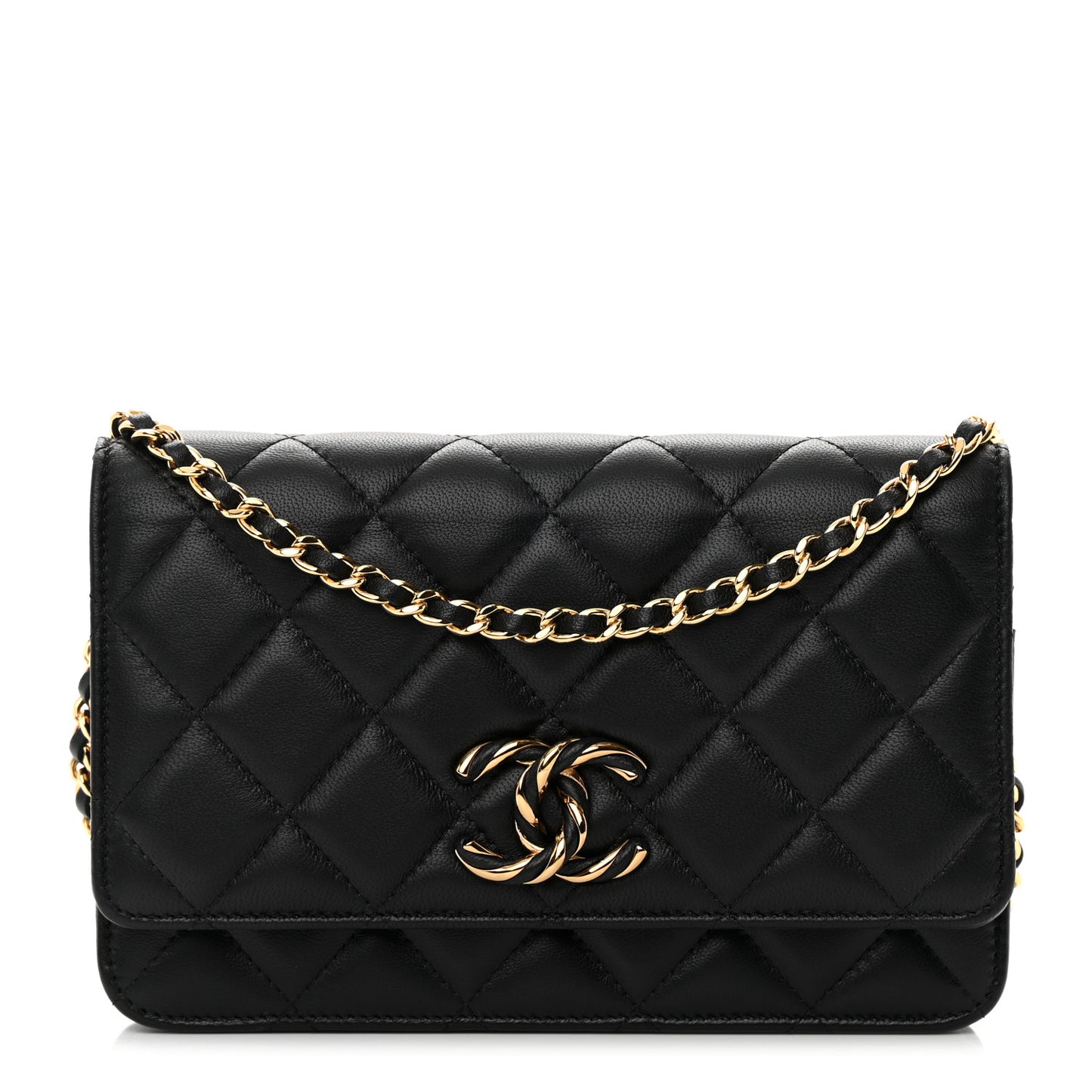 Lambskin Quilted Twisted CC Wallet On Chain WOC Black