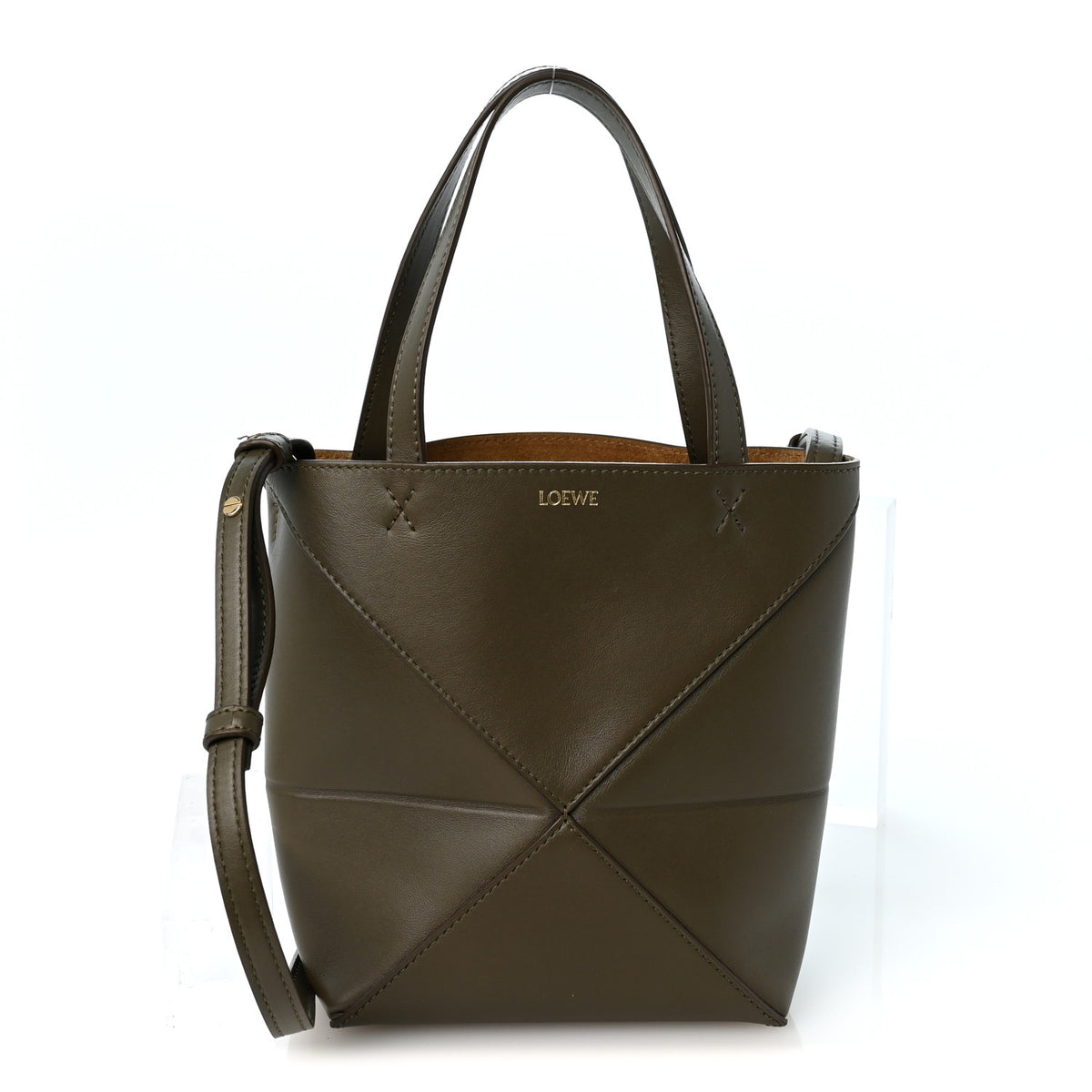 Shiny Calfskin Mini Puzzle Fold Tote Dark Khaki