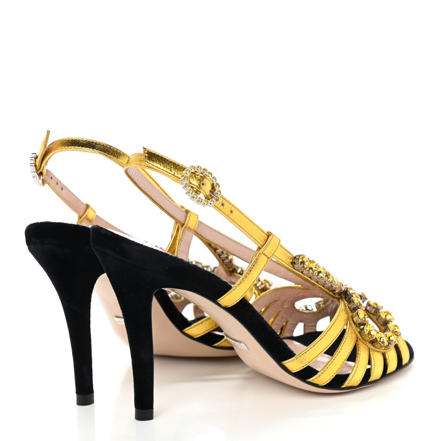 Velvet Nappa Crystal Zephyra Slingback Platform High Heel Sandals 35.5 Black Gold