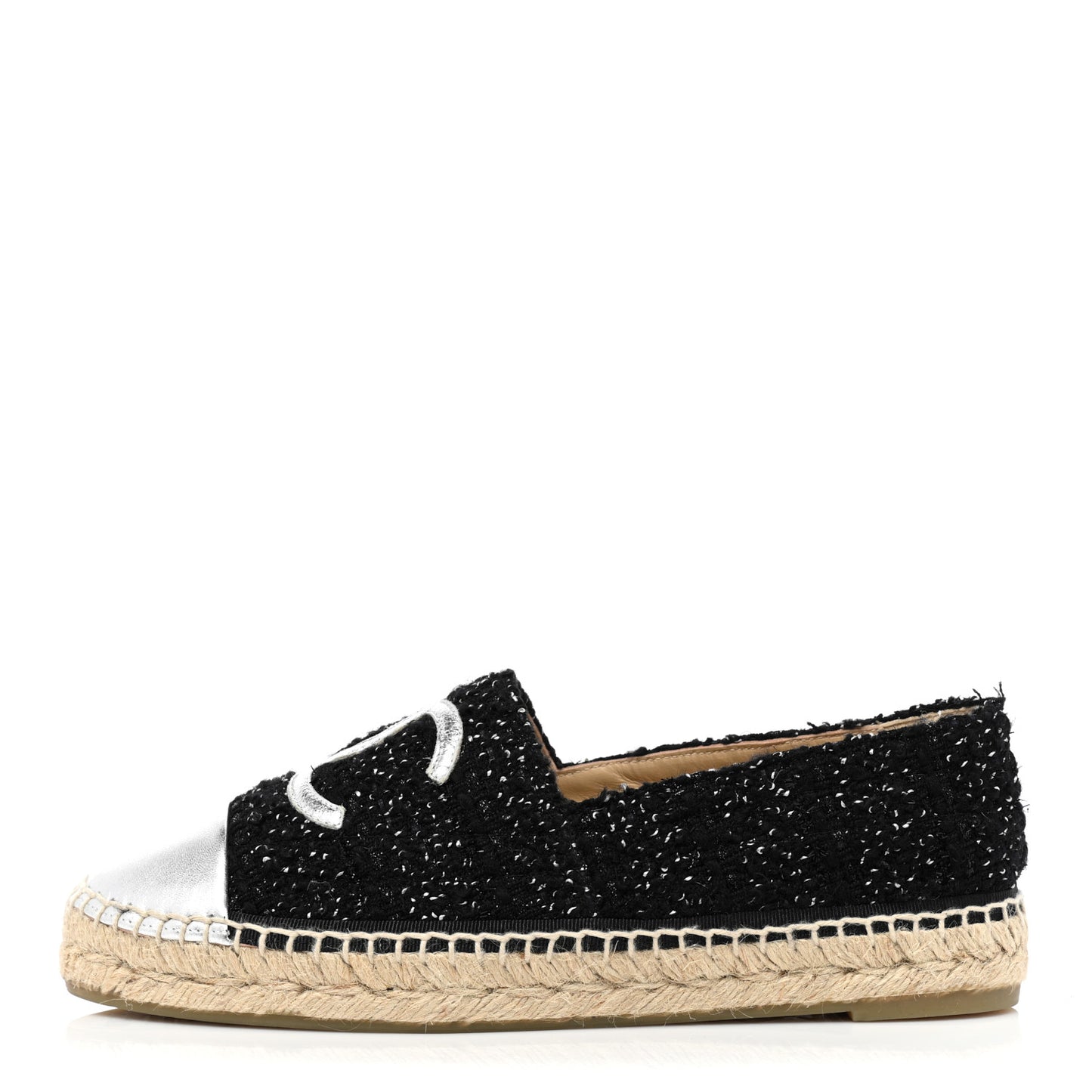 Metallic Lambskin Tweed CC Espadrilles 39 Black Silver