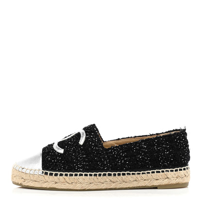 Chanel Metallic Lambskin Tweed CC Espadrilles 39 Black Silver 1 of 9