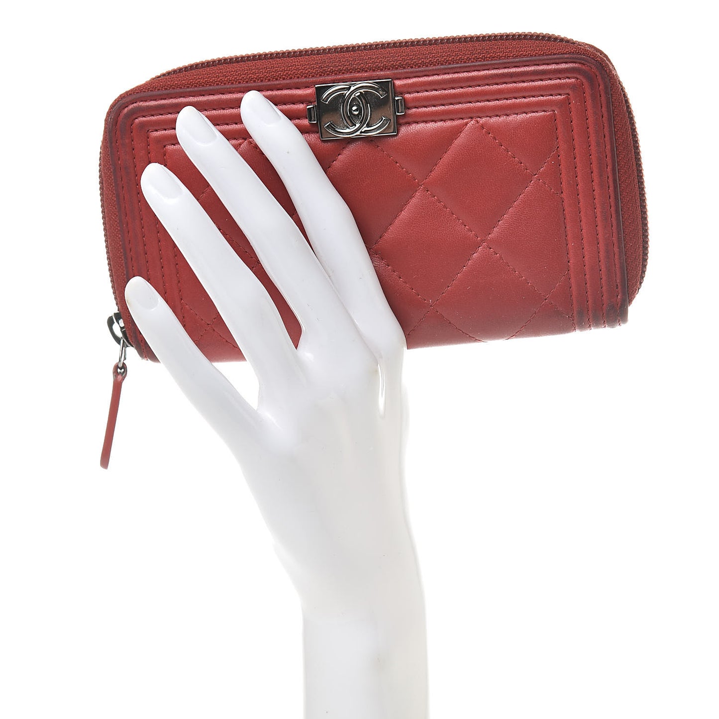 Lambskin Quilted Small Boy Zip Around Wallet Red