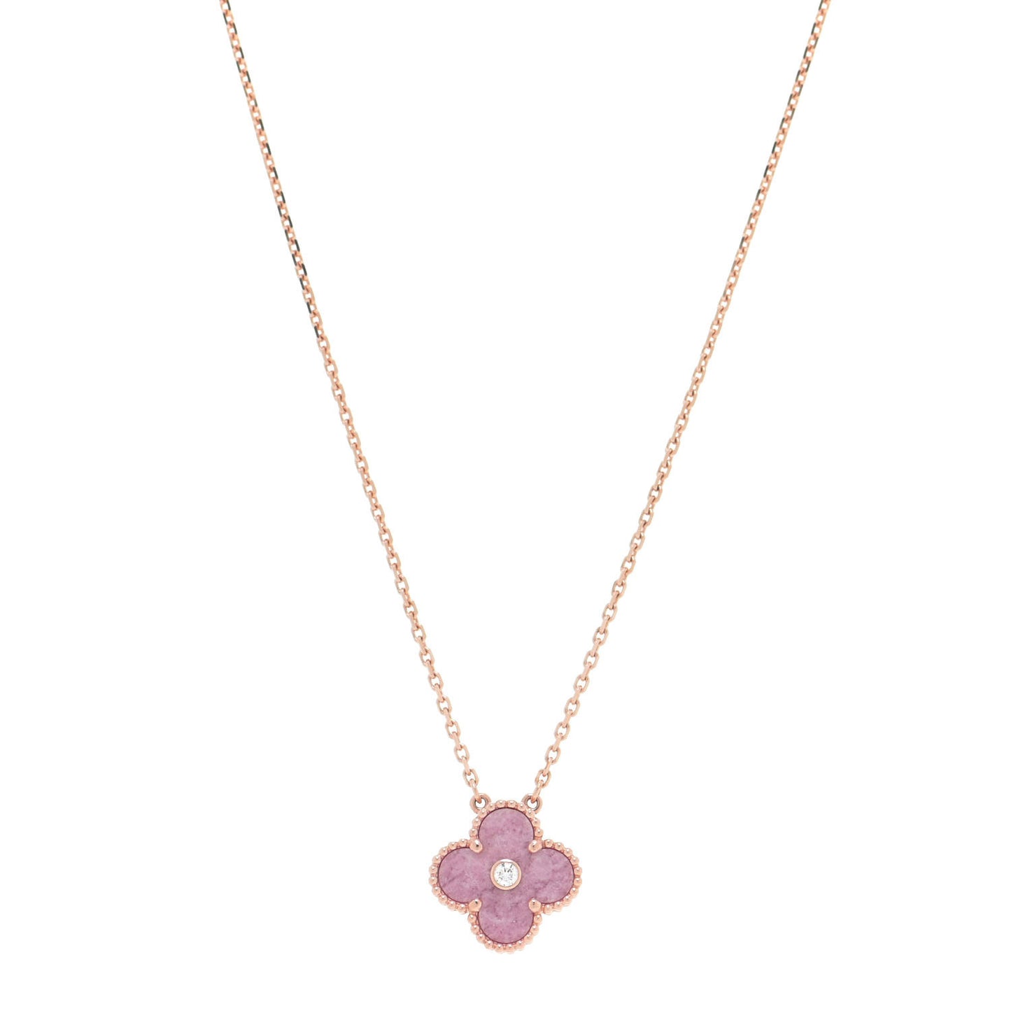 18K Rose Gold Diamond Rhodonite Vintage Alhambra Pendant Necklace