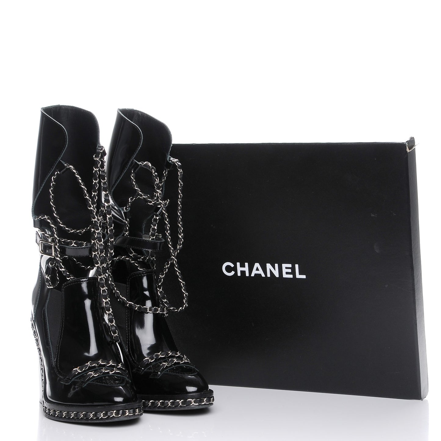 Patent Chained Tall Combat Boots 39 Black