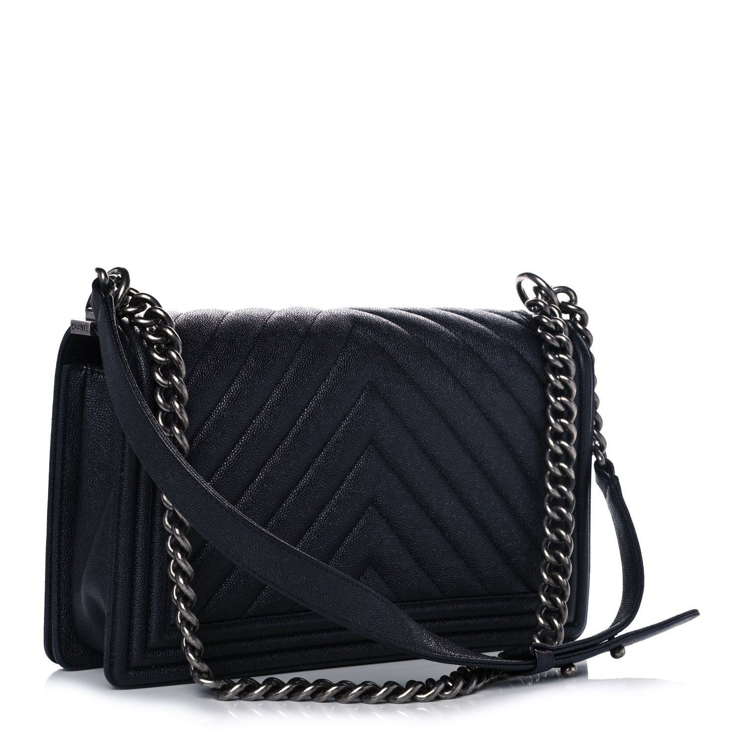Chanel Caviar Chevron Quilted New Medium Boy Flap Dark Navy Blue 3 of 14
