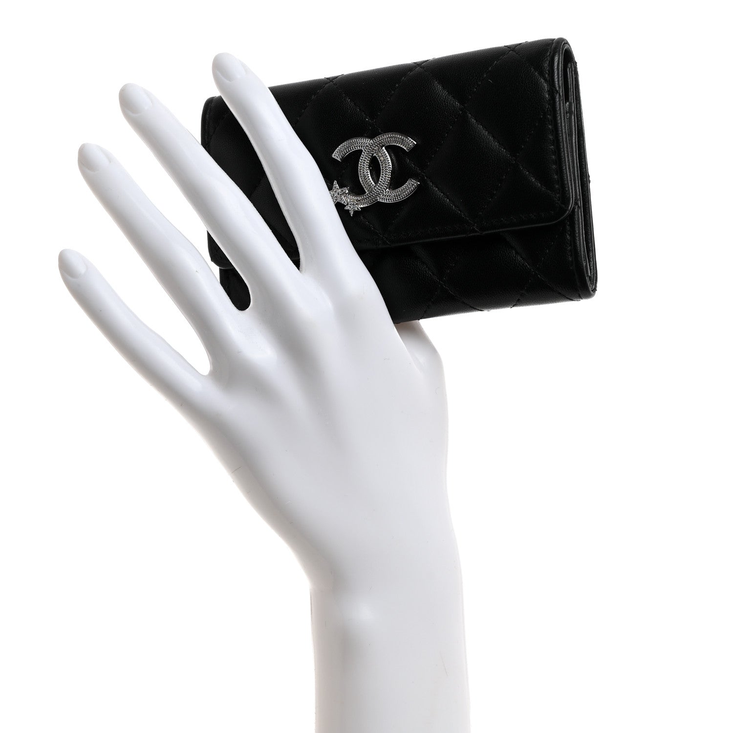 Chanel Lambskin Quilted Flap Crystal Star Card Holder Wallet Black 2 of 9
