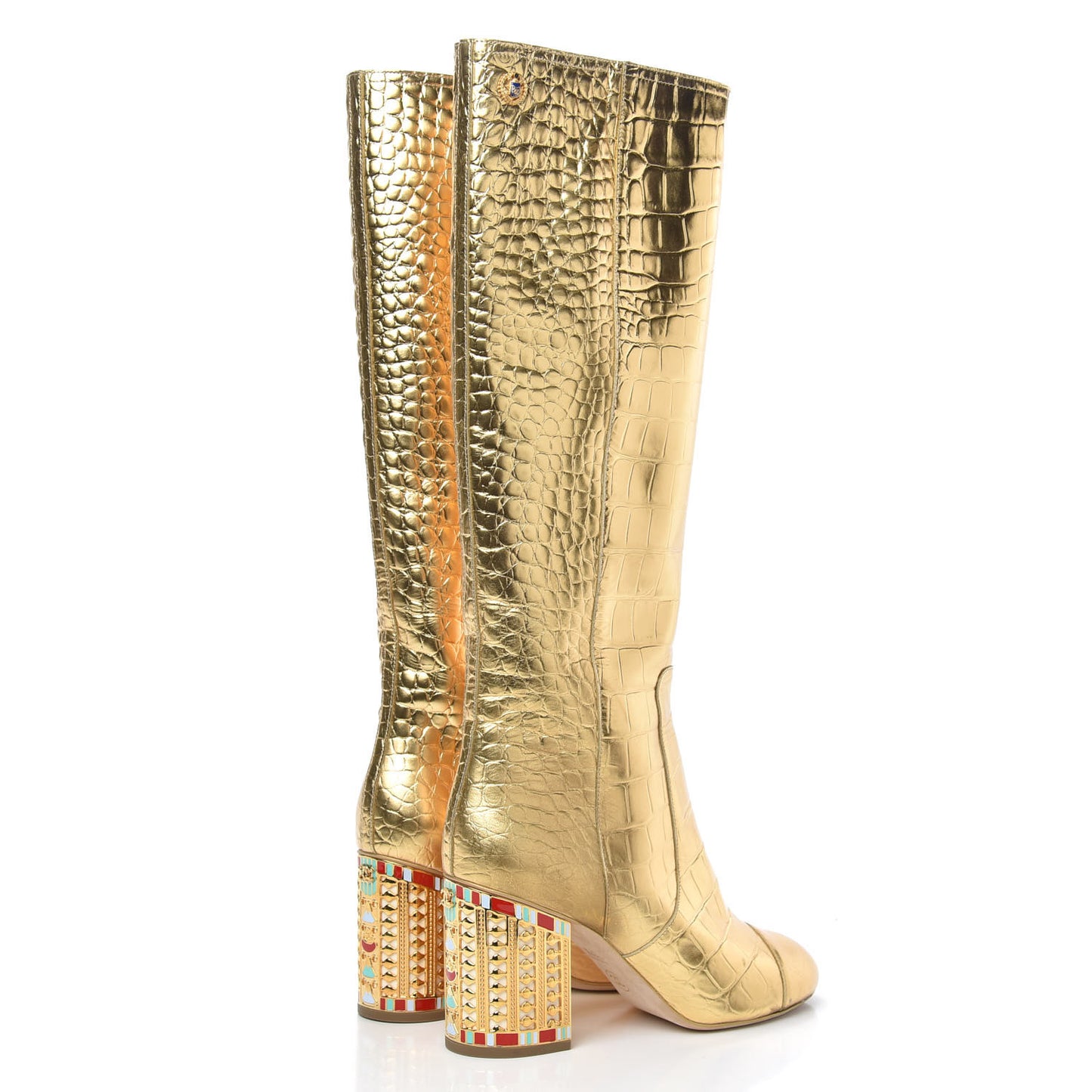 Calfskin Crocodile Embossed Cap Toe High Boots 41 Gold