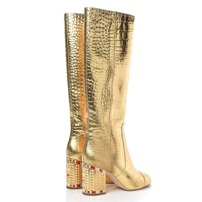 Chanel Calfskin Crocodile Embossed Cap Toe High Boots 41 Gold 4 of 8