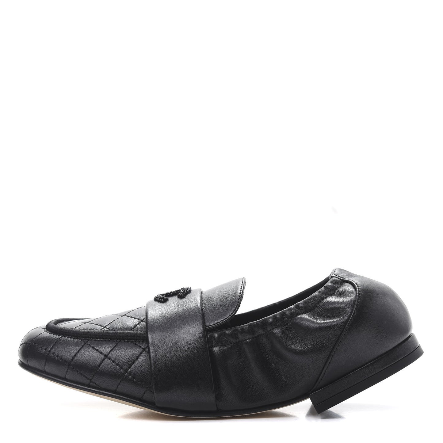 Laminated Lambskin Womens Quilted Elastic CC Moccasin Loafers 35 Black