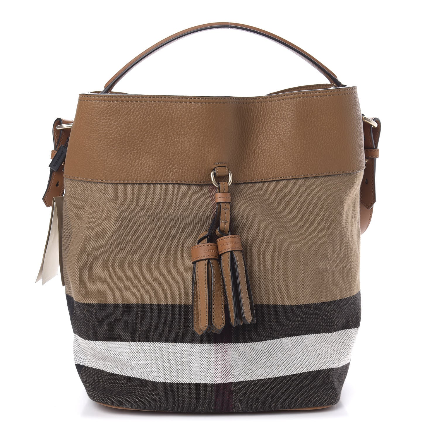 Burberry Grainy Calfskin Canvas Mega Check Medium Ashby Tassel Hobo Saddle Brown 1 of 11
