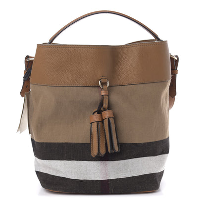 Burberry Grainy Calfskin Canvas Mega Check Medium Ashby Tassel Hobo Saddle Brown 1 of 11