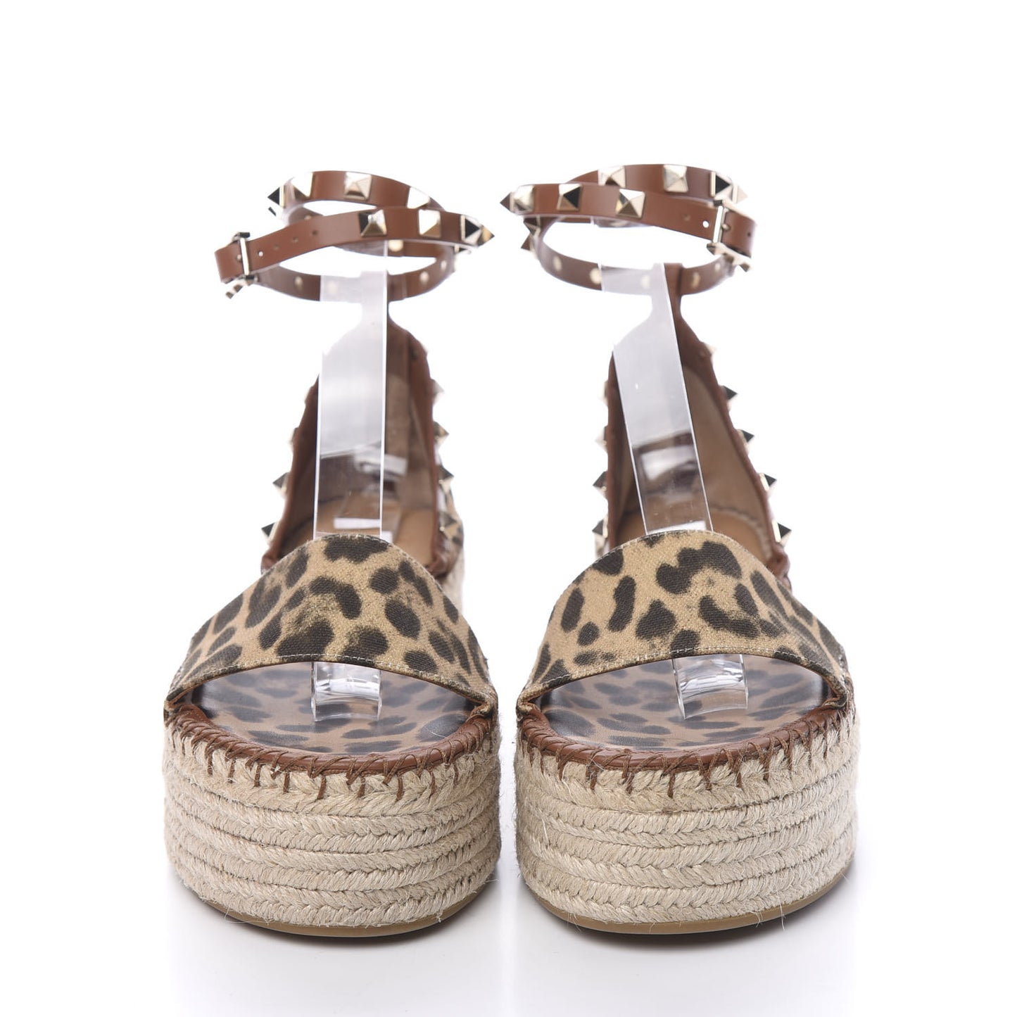 Canvas Leopard Print Rockstud Ankle Wrap Espadrille Flatform Sandals 37 Brown