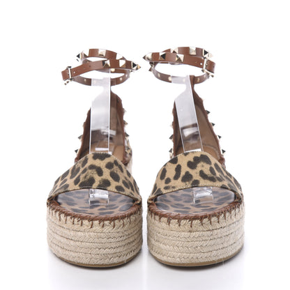 Valentino Garavani Canvas Leopard Print Rockstud Ankle Wrap Espadrille Flatform Sandals 37 Brown 2 of 13