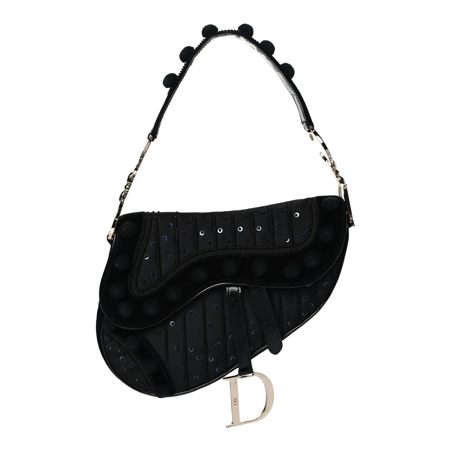 Christian Dior Velvet Nylon Pom Pom Saddle Bag Black 1 of 9