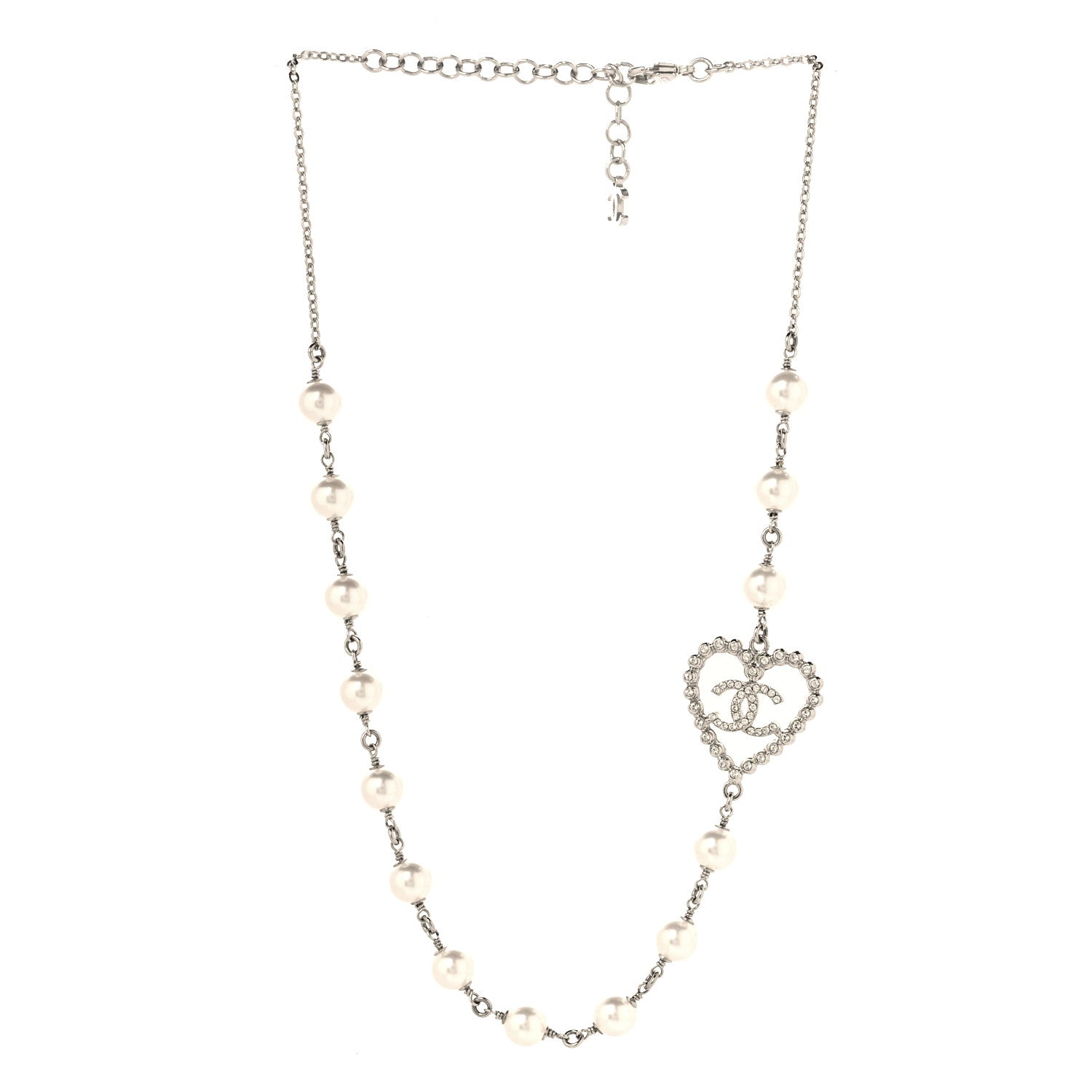 Chanel Crystal Pearl CC Heart Necklace Silver 3 of 5