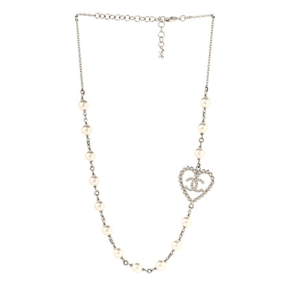 Chanel Crystal Pearl CC Heart Necklace Silver 3 of 5