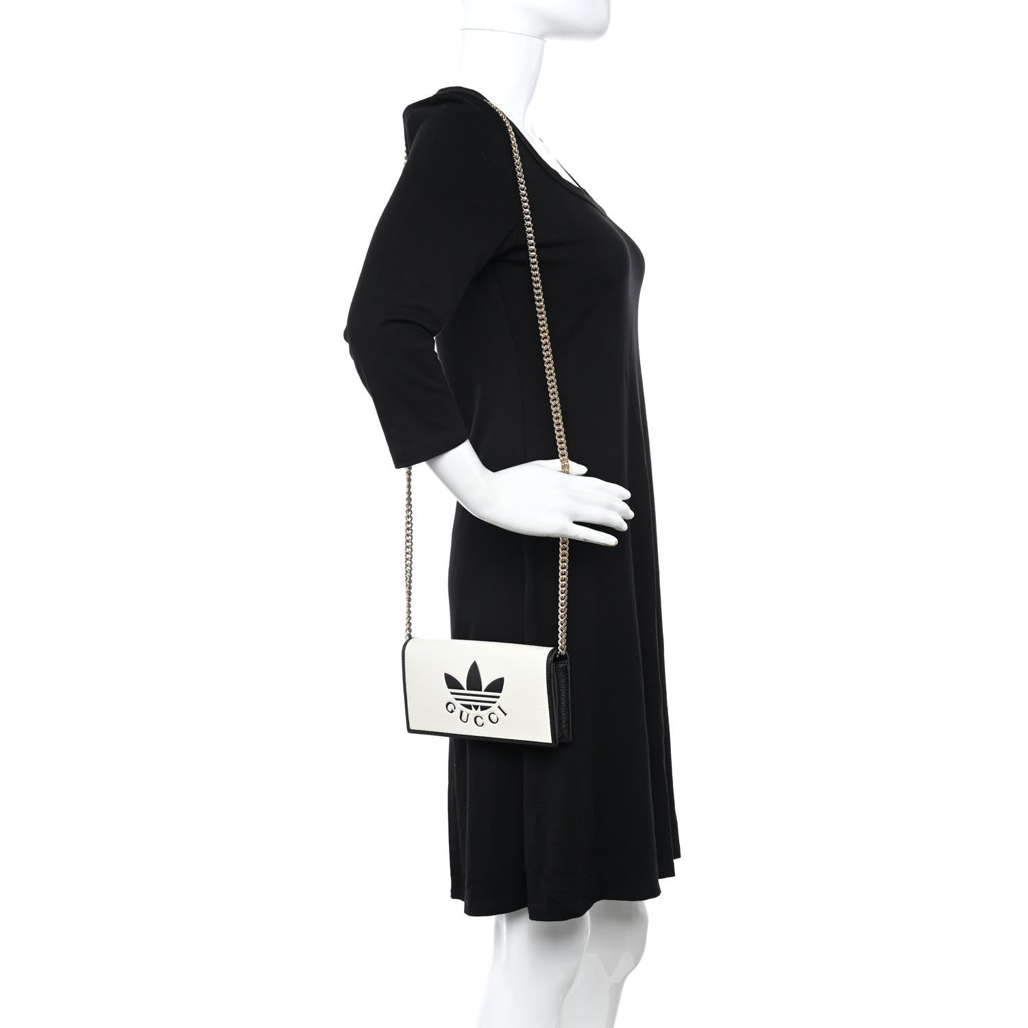 Gucci X ADIDAS Textured Dollar Calfskin Trefoil Embossed Wallet On Chain Off White Black 2 of 11