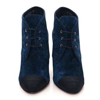 Chanel Suede Grosgrain Pearl Lace Up Booties 36 Dark Blue Black 2 of 8
