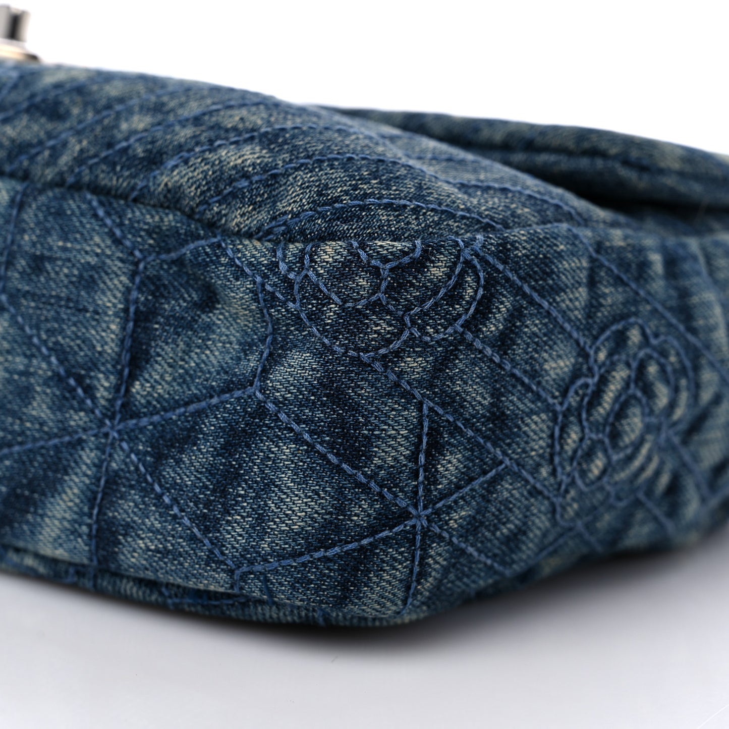 Denim Quilted Camellia Embroidered Medium Flap Blue