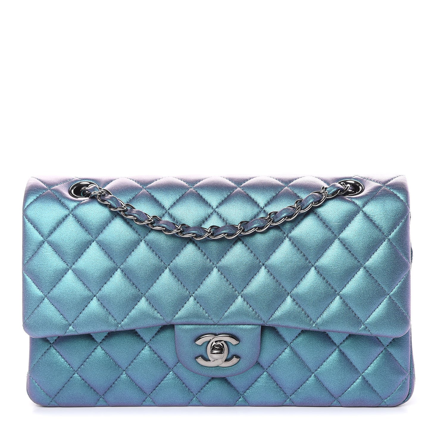 Metallic Lambskin Quilted Medium Double Flap Turquoise