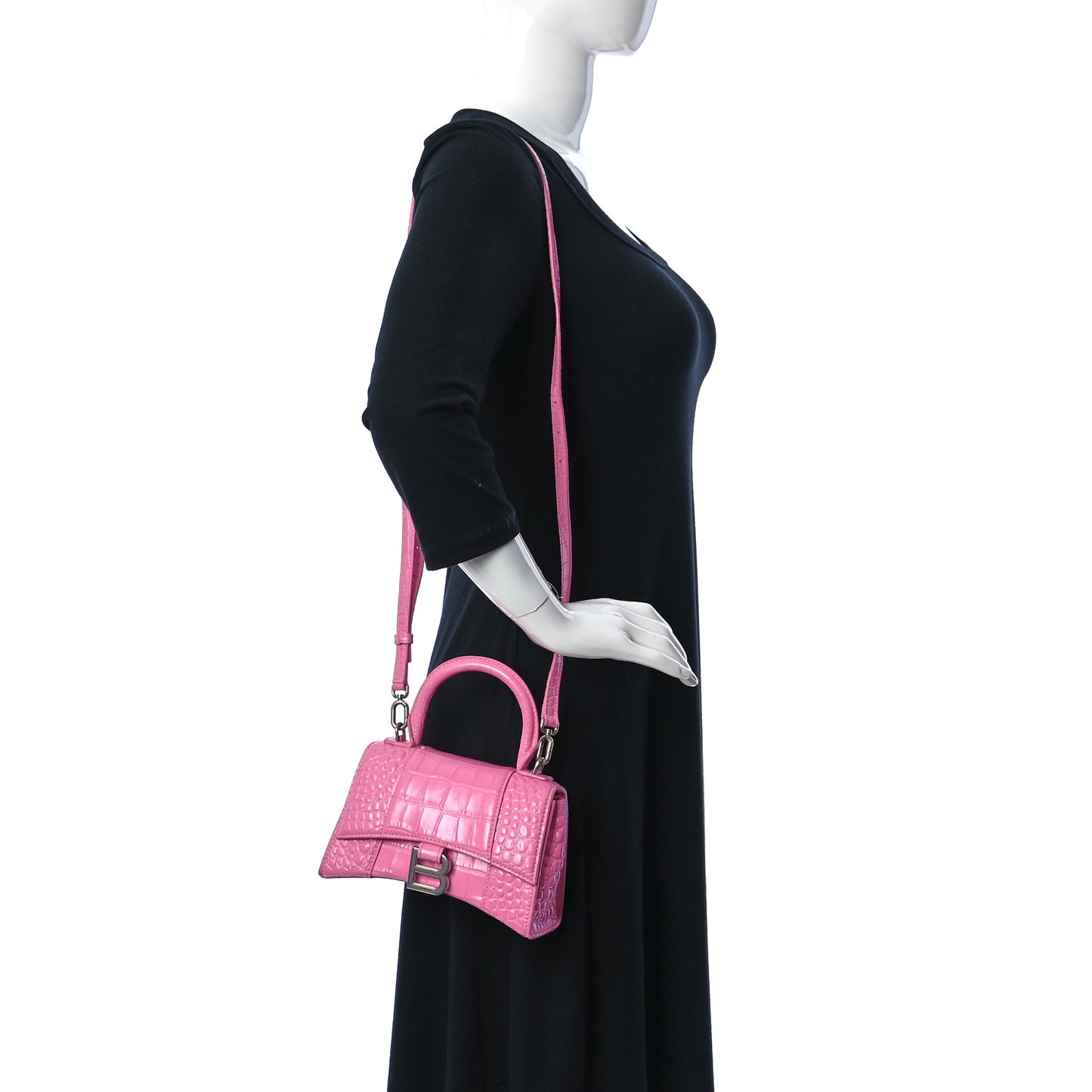 Shiny Calfskin Crocodile Embossed Hourglass Top Handle Bag XS Baby Pink