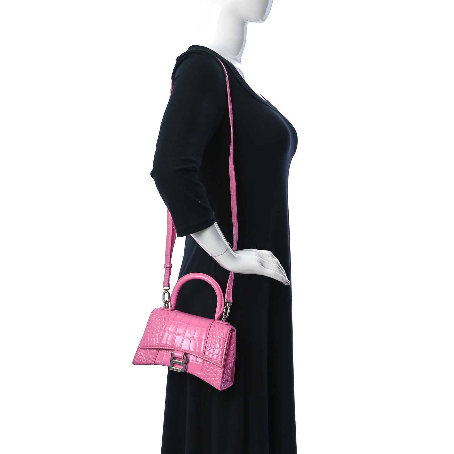 Balenciaga Shiny Calfskin Crocodile Embossed Hourglass Top Handle Bag XS Baby Pink 2 of 15