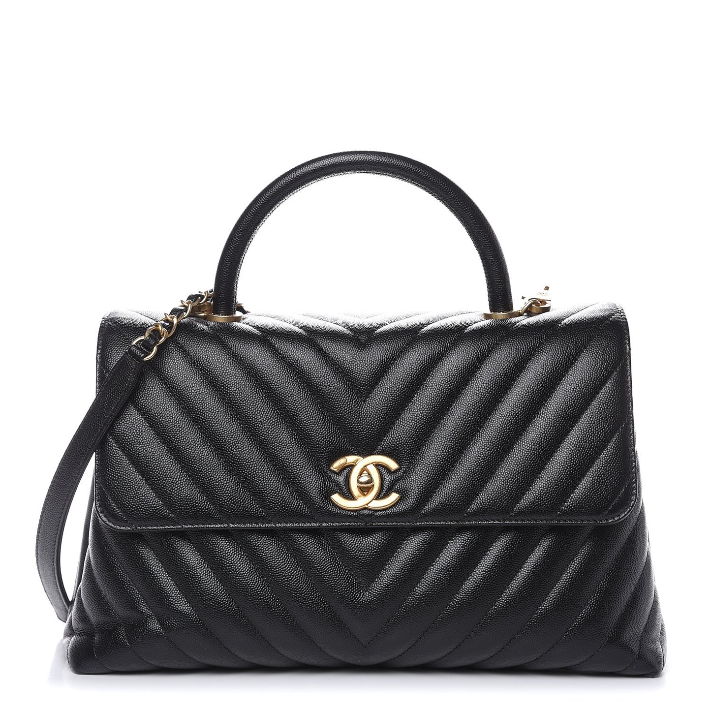 Caviar Chevron Quilted Medium Coco Handle Flap Black