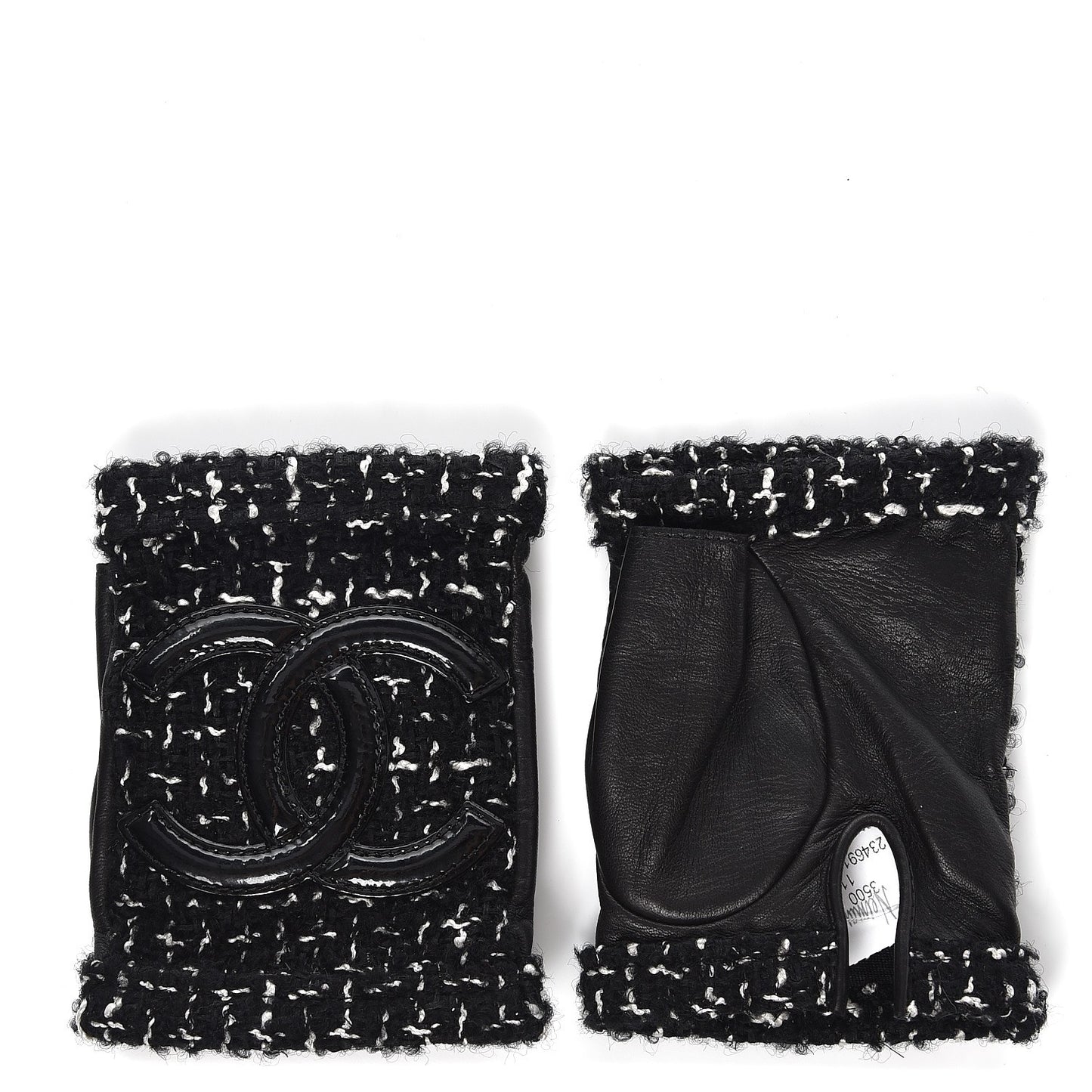 Lambskin Fantasy Tweed Patent CC Fingerless Gloves 6.5 Black White