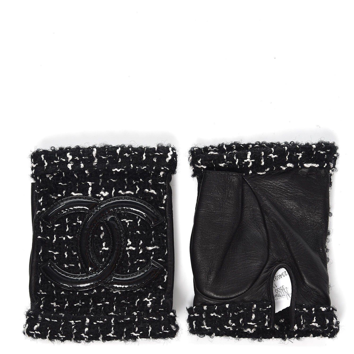Chanel Lambskin Fantasy Tweed Patent CC Fingerless Gloves 6.5 Black White 1 of 5