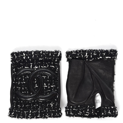 Chanel Lambskin Fantasy Tweed Patent CC Fingerless Gloves 6.5 Black White 1 of 5