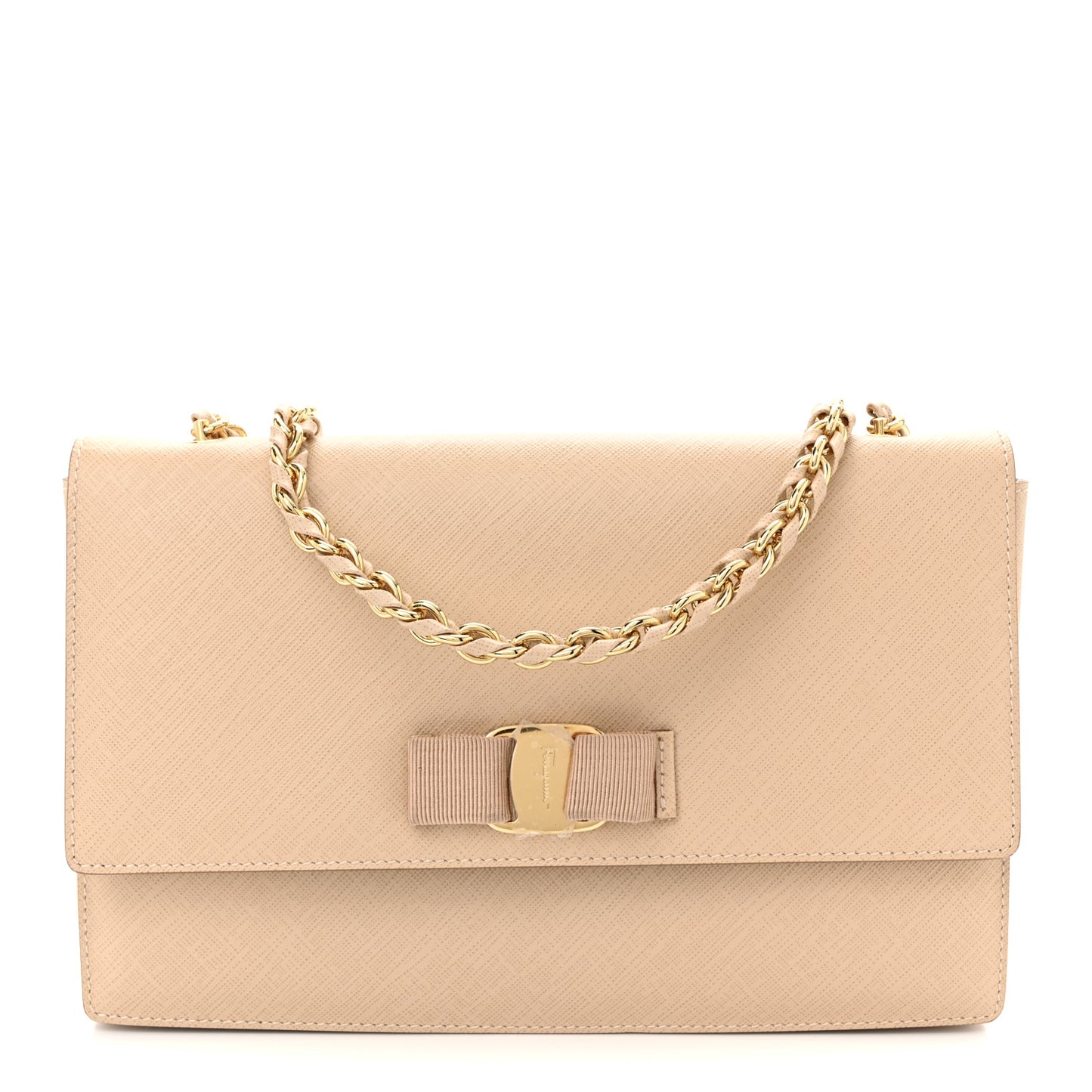 Printed Calfskin Vara Bow Chain Flap Crossbody Beige