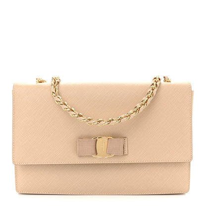 Salvatore Ferragamo Printed Calfskin Vara Bow Chain Flap Crossbody Beige 1 of 11