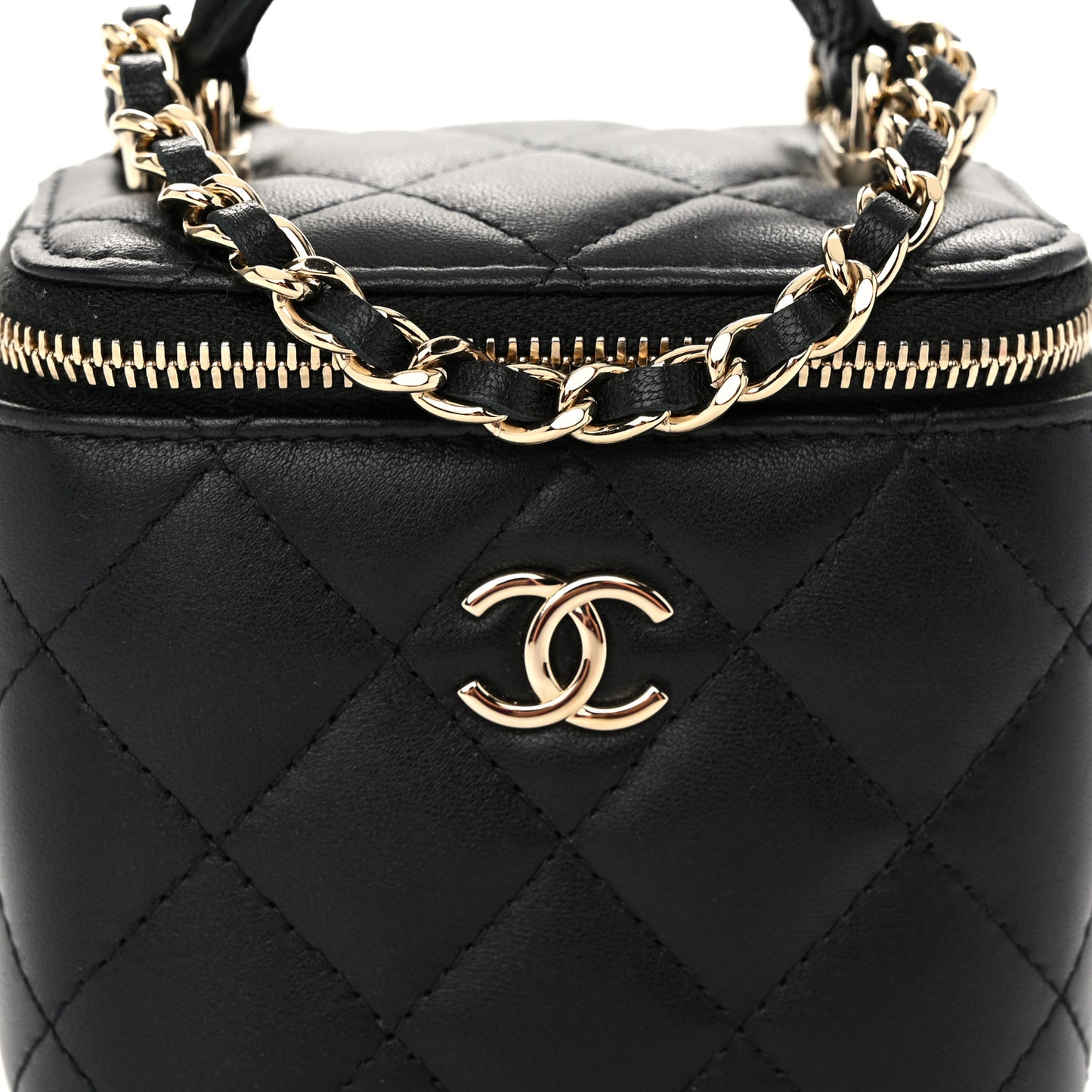 Lambskin Quilted Top Handle Mini Vanity Case With Chain Black