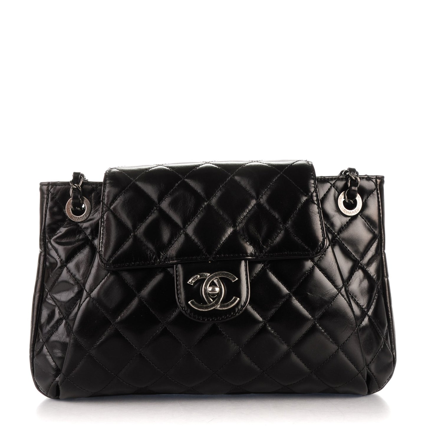 Glazed Calfskin Quilted Accordion Flap Black