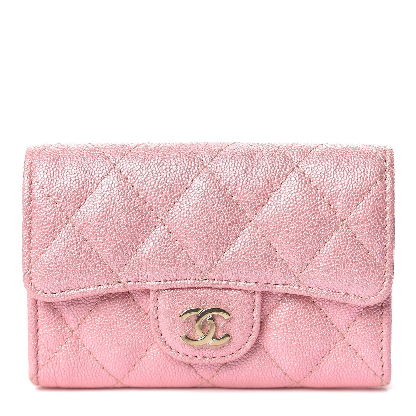 Iridescent Caviar Quilted Flap Card Holder Rose Pink
