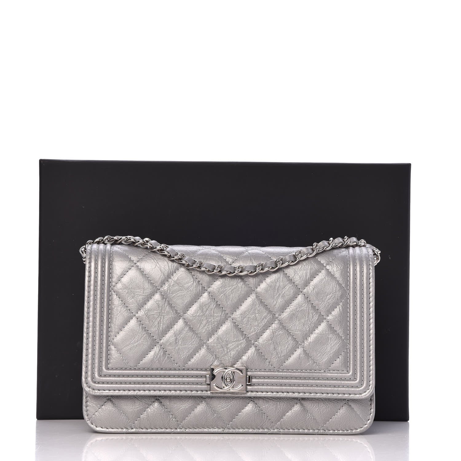 Chanel Metallic Aged Calfskin Quilted Boy Wallet On Chain WOC Silver 9 of 9