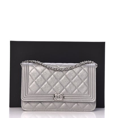Chanel Metallic Aged Calfskin Quilted Boy Wallet On Chain WOC Silver 9 of 9