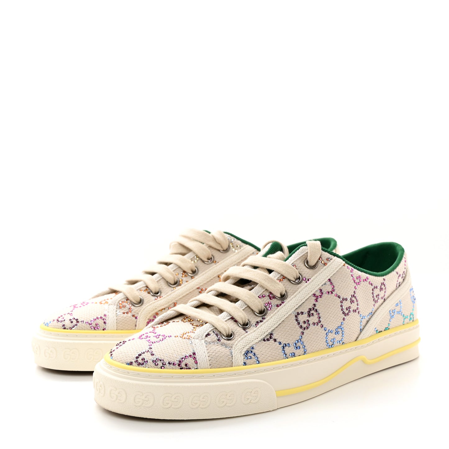 Canvas Lame Crystal GG Monogram Womens 1977 Tennis Sneakers 39.5 Gardenia Silver Mystic White