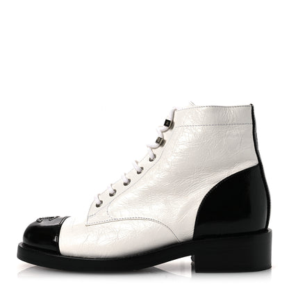 Chanel Distressed Patent Cap Toe Combat Boots 38 White Black 1 of 12