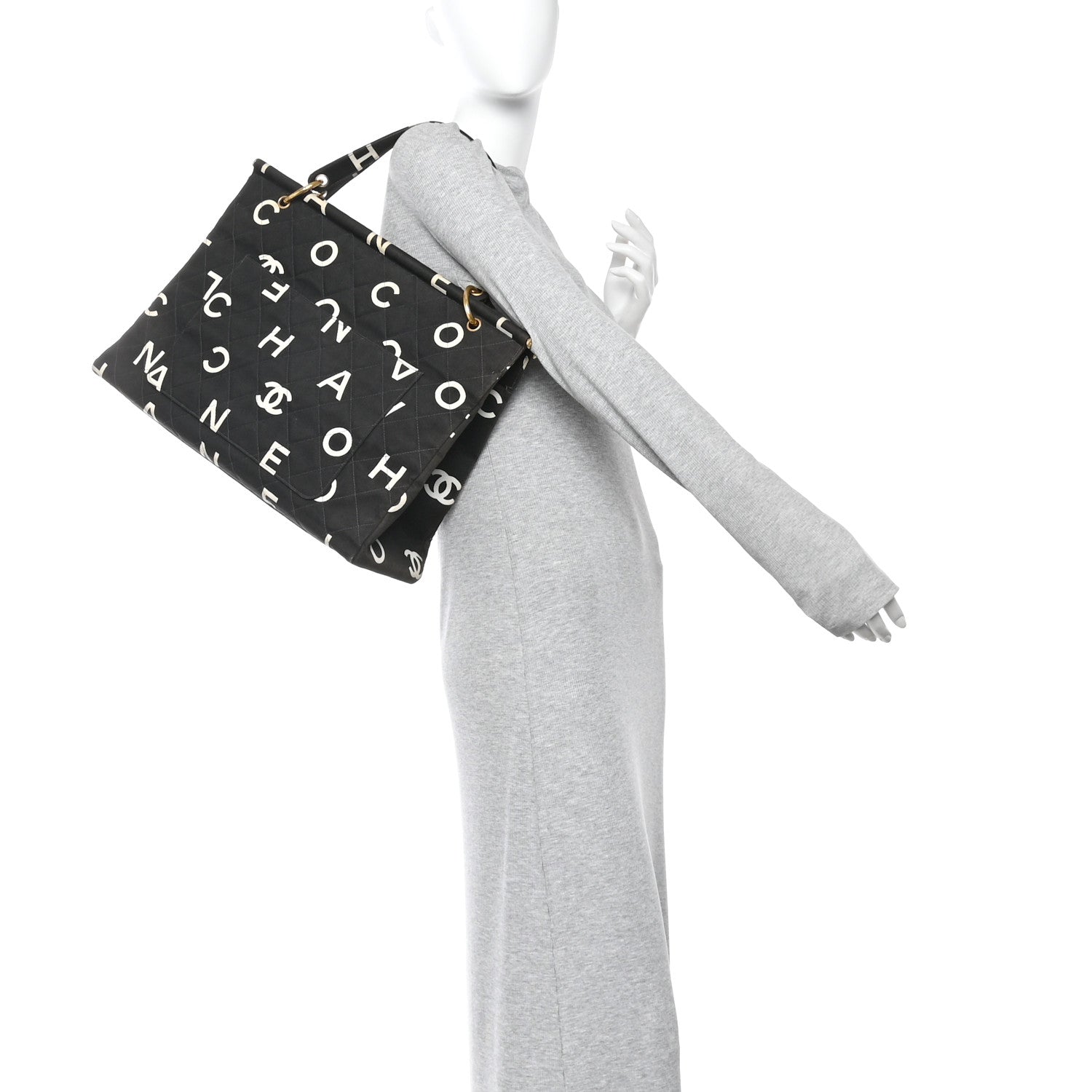 Chanel Canvas Printed Quilted Logo Tote Black White 2 of 10