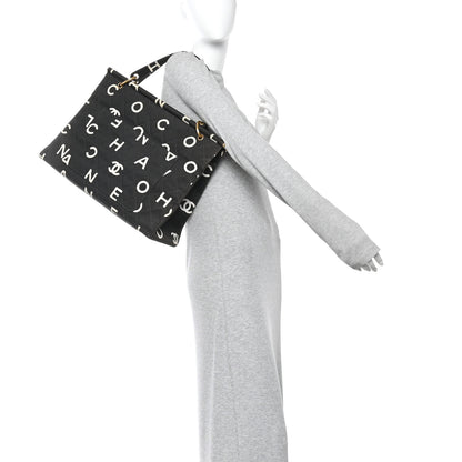 Chanel Canvas Printed Quilted Logo Tote Black White 2 of 10